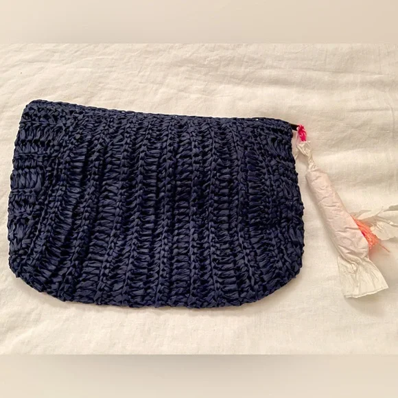 Shiraleah Navy Rio Zip Pouch Clutch Handbag w/ White Pink And Coral Pompoms NWT - Picture 3 of 6